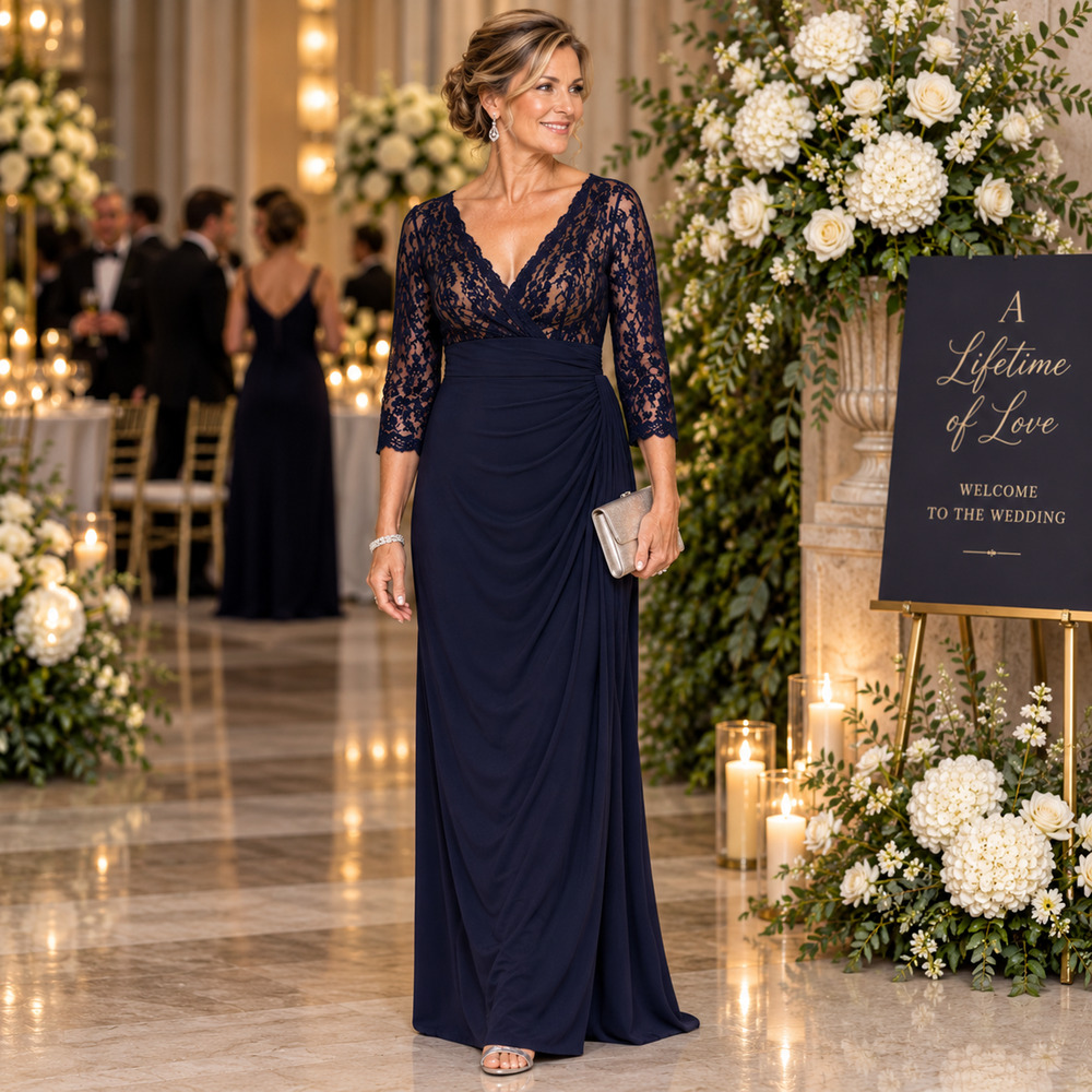 S.L. Fashions Navy Lace Formal Gown Sz 14 Ruched Waist Mother of Bride Dress NWT